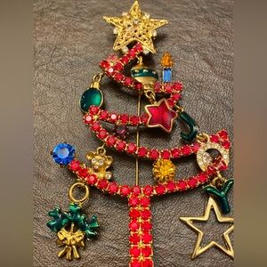 Vintage Large Brooch/pin Christmas Tree Rhinestone W/ Dangling Decorations